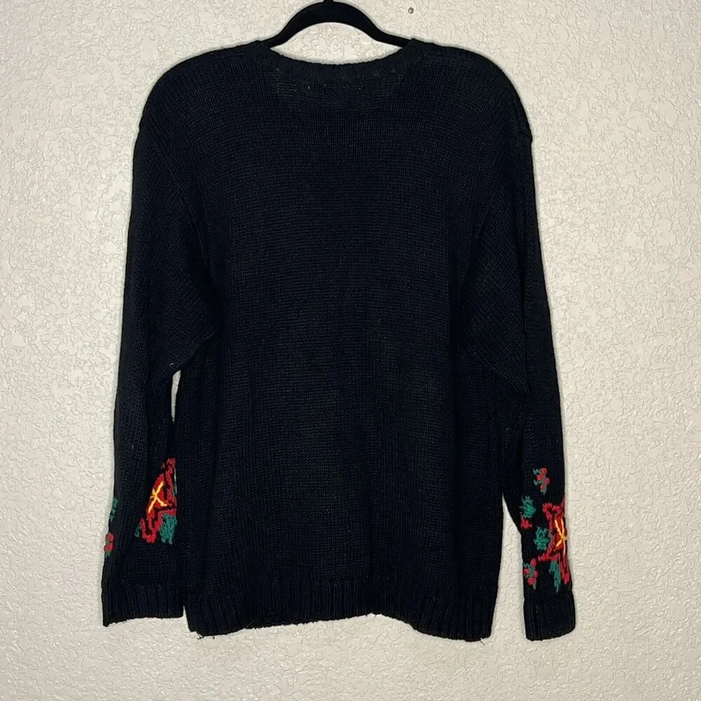 Vtg Womens Size XL Christmas Poinsettia Knit Laura Gayle Cardigan Black Red